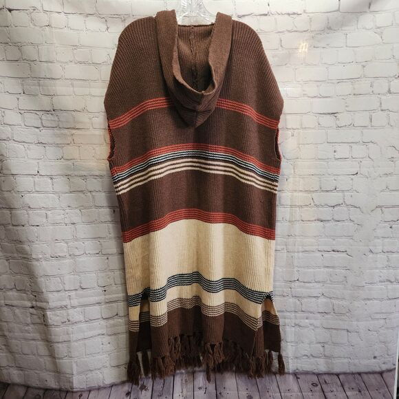 Easel Cardigan Womens Small To Lg Brown Open Front Hooded Fringe Hem Oversized - Picture 2 of 11